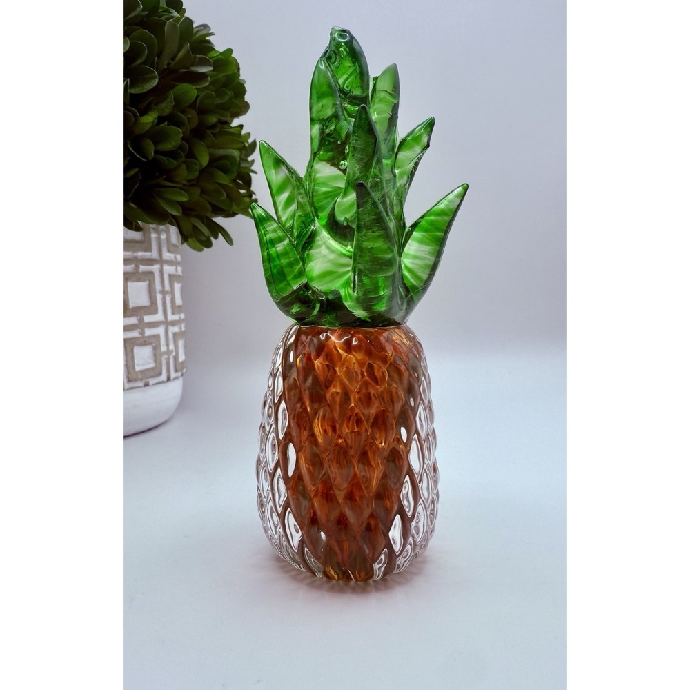 Signed Art Glass Pineapple‎ Sculpture Paperweight 5" Hand Blown Dated
